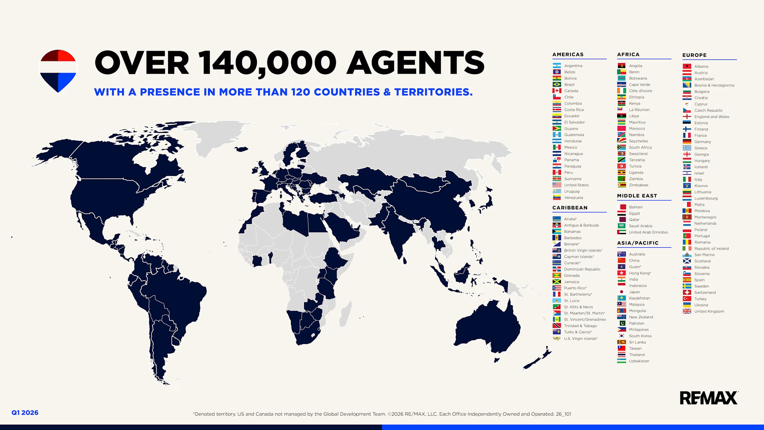 REMAX が拠点を持つ120以上の国と地域を示した世界地図と、地域別の国名一覧